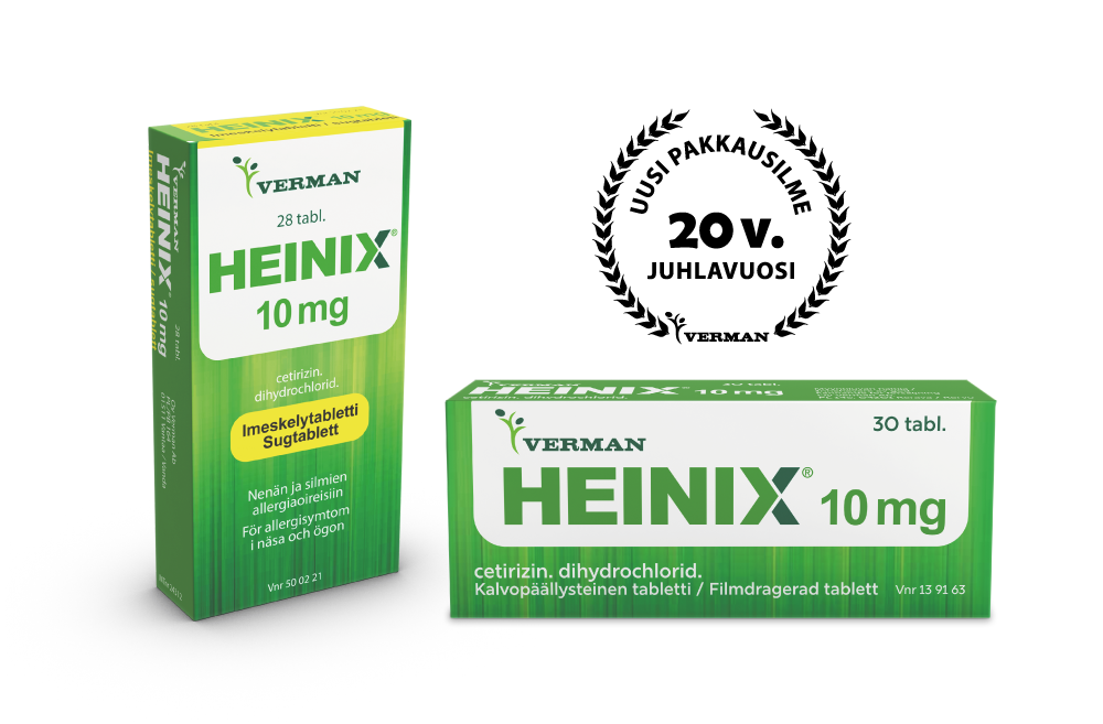 Heinix Suomen suosituin allergialääke nieltävä ja imeskelytabletti, 20v juhlavuosi