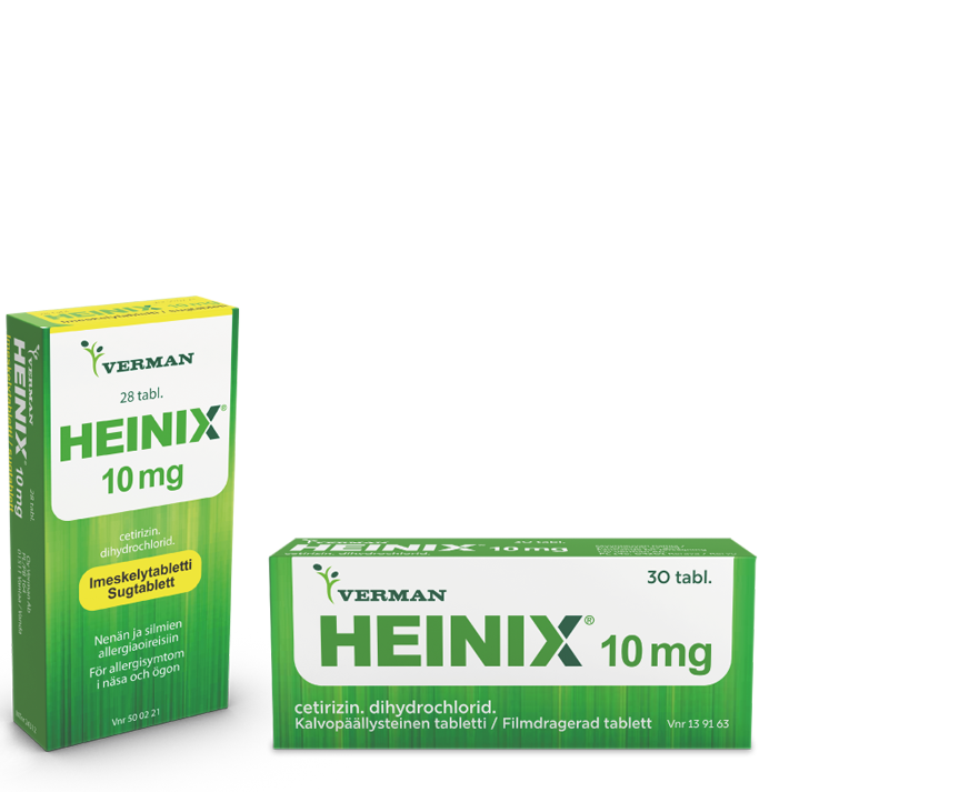 Heinix Suomen suosituin allergialääke nieltävä ja imeskelytabletti
