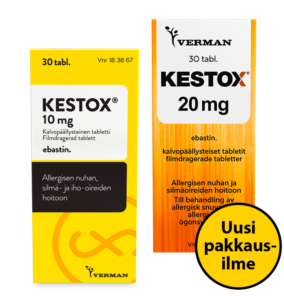Kestox allergialääkkeet 10 mg pakkaus ja 20 mg pakkaus. 20 mg uudessa pakkausilmeessä.